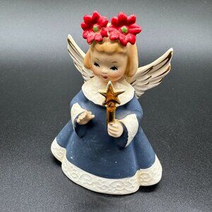 Vintage Porcelain figurine Christmas Angel Blue Poinsettia Star Japan GE6474